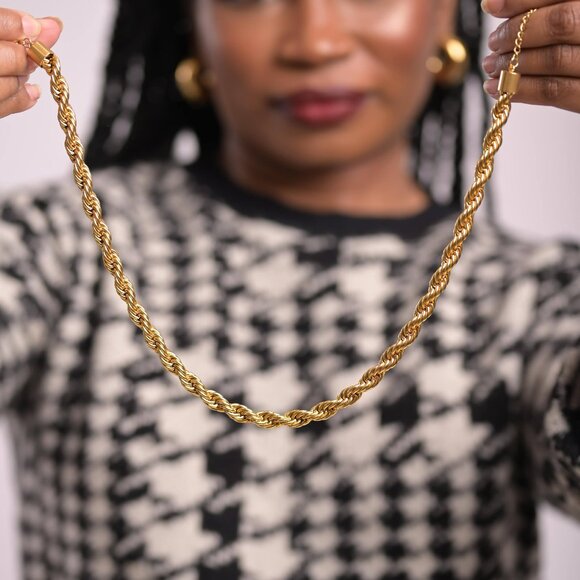 10mm 18K Gold Rope Chain Necklace | Tarnish-Resistant Stainless Steel - Picture 1 of 4